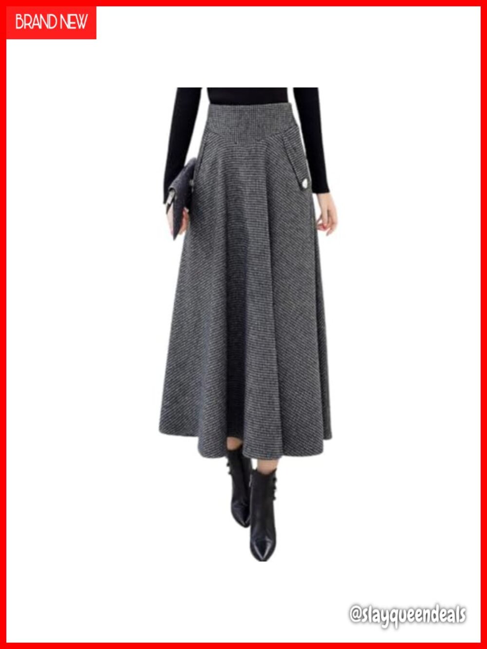 Women's Houndstooth Plaid A-Line Pleated Swing Midi Wool Skirt with Pockets